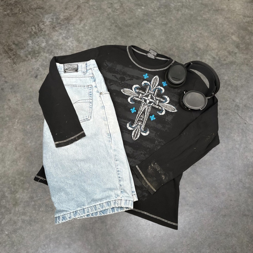 No Boundaries Mens 2XL Black Thermal Cross Fleur De Lis Mall Goth‎ Y2K Shirt